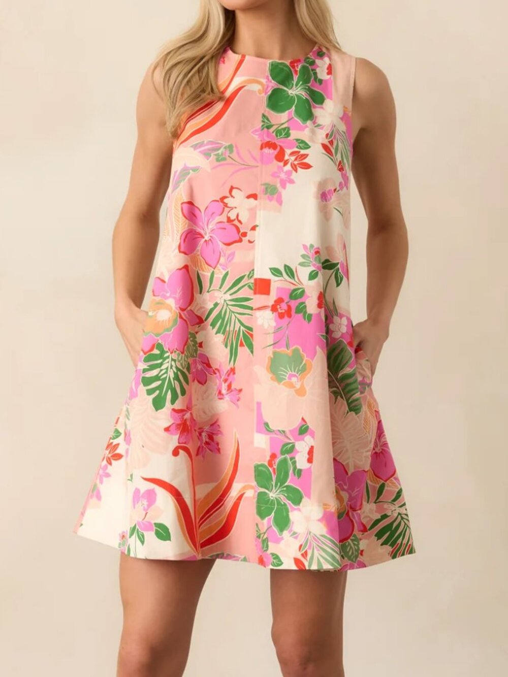 NWT Entro Glow From Within Pink Tropical Floral Cotton Mini Shift Dress Size Med - Picture 1 of 9